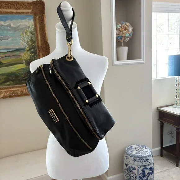 Jimmy Choo Black Leather Mave Foldover Clutch Carry Bag Authentic - Picture 17 of 17